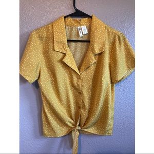 Yellow and white polka dot button up blouse